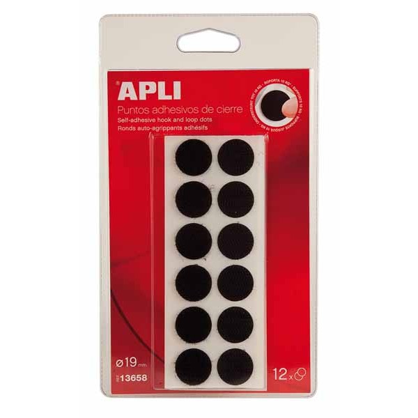 Puntos adhesivos velcro APLI 19 negro Pack 12 13658